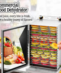 Heavy Duty Stainless Steel Food Dehydrator For Fruits Veggies And Meats With Killer 360 Airflow shows trays filled with dried fruits and vegetables.