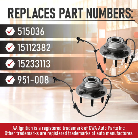 Set Of 2 Wheel Hub Bearing Assembly For 6 Lug 4X4 SuvS With ABS Sensor Cable Fits Chevy Cadillac GMC Escalade Avalanche Silverado Suburban Tahoe Sierra 1500 Yukon Replaces 515036 15112382 951008 displayed with part numbers