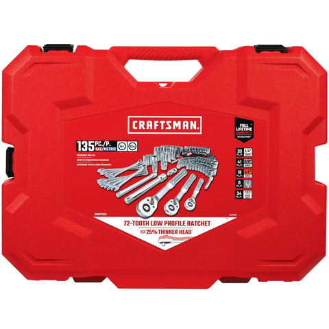 Kickin 135 Piece Mechanic Tool Set With Low Profile Ratchet And Hella Smooth 72 Tooth Swing in red blow molded case.