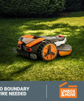 Landroid Vision Robotic Lawn Mower With AI Deep Learning HDR Camera on grass, wire free, active obstacle avoidance, smart home ready.