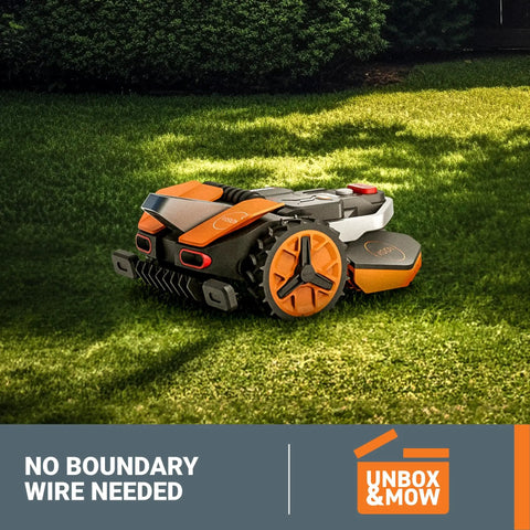 Landroid Vision Robotic Lawn Mower With AI Deep Learning HDR Camera on grass, wire free, active obstacle avoidance, smart home ready.
