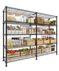 Five Tier Heavy Duty Metal Storage Shelves 60 Inch Wide Wire Shelving Unit Built To Last Holds A Beefy 1325 Lbs Total Load 265 Lbs Per Shelf Corner L Shaped Standing Rack For Garage Kitchen Pantry Basement 13.8 Inch Deep 70.5 Inch High, black wire shelving loaded with pantry items