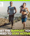 Athletes wearing Cobalt Blue Thigh Compression Sleeve Size Small For Pain Relief Fast Recovery And Performance running on a trail