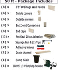 Game Changer Basement Waterproofing System With 50 Ft Baseboard Drainage Channels includes sump pump and drainage wall panels.