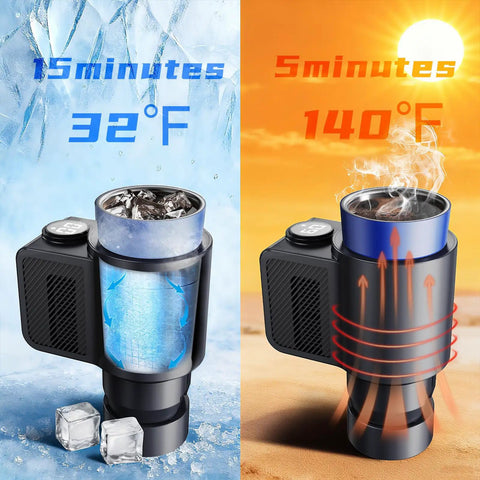 Keep Your Drink Hella Fresh On The Go Smart 2 In 1 Car Heating And Cooling Cup showing temperature control for hot and cold beverages.