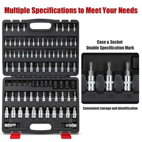 92 Piece Allen And Torx Socket Set For 1/4 3/8 1/2 Inch Drives with tamper proof Torx and hex bits in storage case