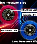 Close-up of R1234yf Quick Coupler Adapter Kit showing high and low pressure 6-ball snap lock fittings with extensible pin