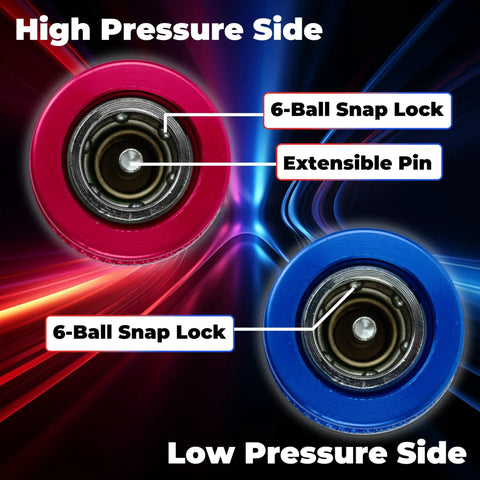 Close-up of R1234yf Quick Coupler Adapter Kit showing high and low pressure 6-ball snap lock fittings with extensible pin