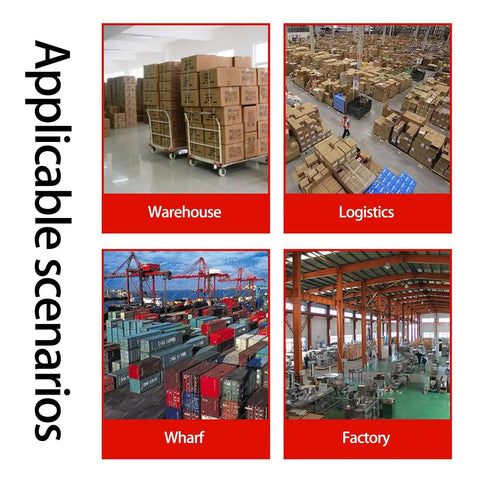 Image showing applicable scenarios for Heavy Duty Caster Wheels Set Of 4 With Precision Ball Bearings in warehouse, logistics, wharf, and factory.