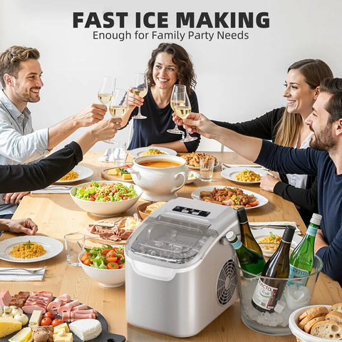 No Sweat Countertop Ice Maker With Rapid Six Minute Freezing And Daily Twenty Six Pound Output on dining table with food and drinks.
