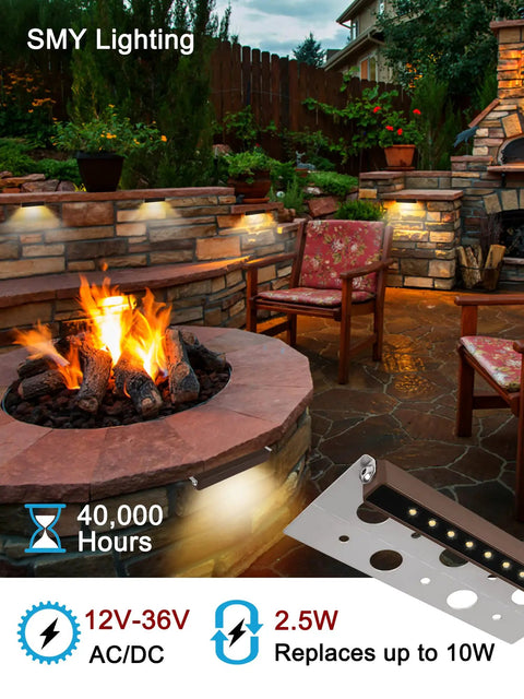 Eight Pack 7 Inch LED Hardscape Step Lights 2.5W Waterproof IP68 For Retaining Walls And Pavers, illuminated outdoor patio scene.