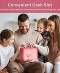 Family using Kids Mini Safe Cash Box Pink Macaron with coin and bill slot, keypad, and key lock for home use, surrounded by children.
