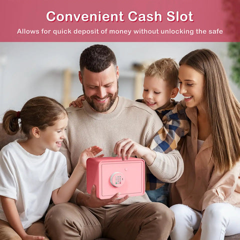 Family using Kids Mini Safe Cash Box Pink Macaron with coin and bill slot, keypad, and key lock for home use, surrounded by children.