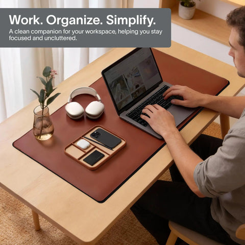 Snap Up This Dope Sand Brown Leather Valet EDC Tray to Sort Your Daily Essentials Watch and Change While Keeping Your Desk or Nightstand Clutter Free and Looking Fresh in Medium Size on a workspace.