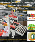 Heavy Duty Automatic Case Sealer Double Flap Box Taping Machine showing height adjustment, tape options, and conveyor design.