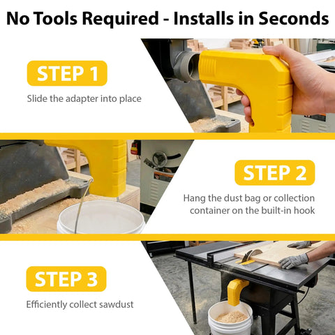Table Saw Dust Collection Adapter For Miter Saws And Table Saws Tool Free Snap On Dust Port Built In Bag Hook Universal 2 Inch