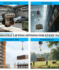 All In One Beefed Up Electric Hoist Winch lifting various loads in garage, warehouse, construction site, and forest pasture.