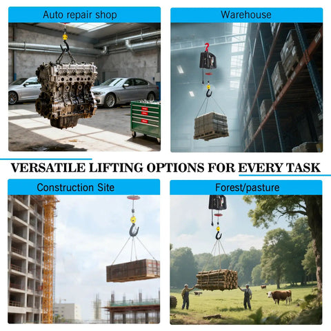 All In One Beefed Up Electric Hoist Winch lifting various loads in garage, warehouse, construction site, and forest pasture.
