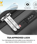 Close-up of TSA-approved lock and zippers on underseat carry on luggage with wheels for easy boarding TSA approved hard shell personal item.
