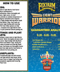 Instructional guide for using FoxFarm Light Warrior seed starter mix with guaranteed analysis details on nutrients and growth support.