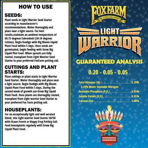 Instructional guide for using FoxFarm Light Warrior seed starter mix with guaranteed analysis details on nutrients and growth support.