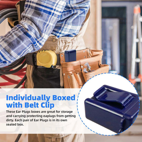 Noise Cancelling Ear Plugs 27dB NRR, Corded And Reusable, Individually Packaged With Belt Clip shown in utility belt pocket