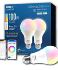 Connected Max Smart LED A21 Bulb With Tunable White And Color Changing, 2.4 GHz WiFi Bluetooth, No Hub Needed, Works With Alexa And Google Home, 100W Equivalent, 2 Pack, showing packaging and app interface