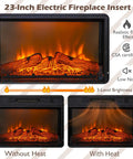 23-inch electric fireplace insert with realistic flame effect, 3-level brightness, with and without heat settings.