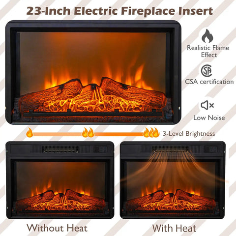 23-inch electric fireplace insert with realistic flame effect, 3-level brightness, with and without heat settings.