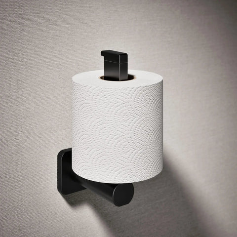 Parallel Vertical Toilet Paper Holder For Easy Access And Clean Lines in Matte Black finish mounted on bathroom wall