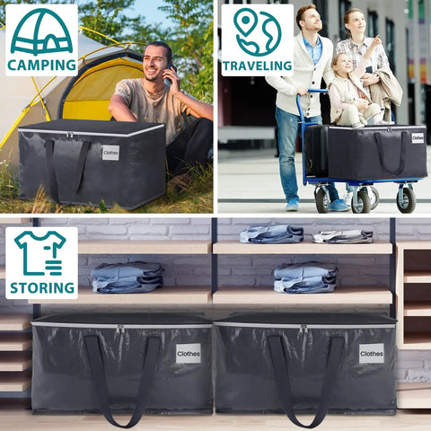 Heavy Duty Collapsible Moving Bags 93L 8-Pack with strong zippers and durable handles used for camping, traveling, and storage.