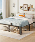 Full Size Metal Platform Bed Frame Standing 14 Inches Tall With Reinforced Steel Slats in a bedroom setup with a mattress.