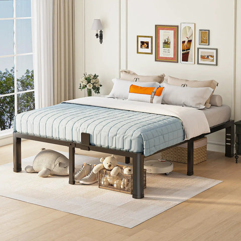 Full Size Metal Platform Bed Frame Standing 14 Inches Tall With Reinforced Steel Slats in a bedroom setup with a mattress.