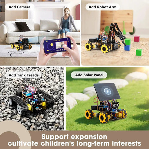 Epic Hands On Programmable Robot Kit For Kids Ages 8 To 12 And 12 To 16 With Remote And App Control ESP32 Powered Scratch And Arduino Compatible STEM Toys For Boys And Girls Yellow modular robot with camera, arm, treads, and solar panel