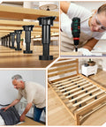 Adjustable Furniture Leveling Feet Set, 12 Pieces, Heavy Duty Cabinet Levelers installed on bed frame, woman using power drill
