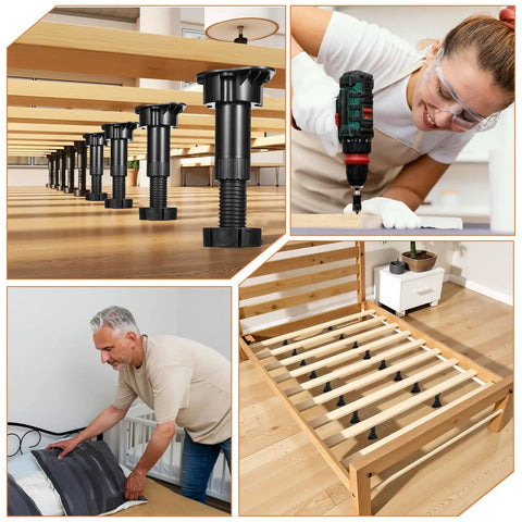 Adjustable Furniture Leveling Feet Set, 12 Pieces, Heavy Duty Cabinet Levelers installed on bed frame, woman using power drill