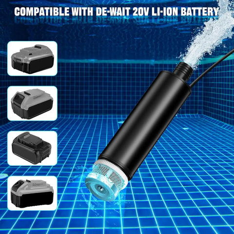Heavy Duty Compact Submersible Sump Pump With 16 Foot Plug And Play Cord video showing water flow, black pump body, and battery compatibility.