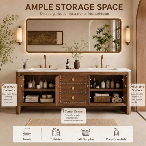 Gimme This Dope 60 Inch Freestanding Double Sink Bathroom Vanity Built From Solid Wood With Dual Stone Basins Smart Anti Fog Mirror And Heavy Duty Waterproof Storage For Zero Hassle Setup Vibes with spacious storage, drawers, and adjustable shelves.