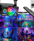 Lit Party DJ Disco Light With Disco Ball, LED Stage Strobe Projector in action, showcasing vibrant lights in various party settings.