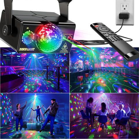 Lit Party DJ Disco Light With Disco Ball, LED Stage Strobe Projector in action, showcasing vibrant lights in various party settings.