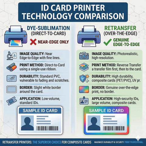 ID card printer technology comparison showing dye-sublimation and retransfer methods, image quality, print methods, and durability.