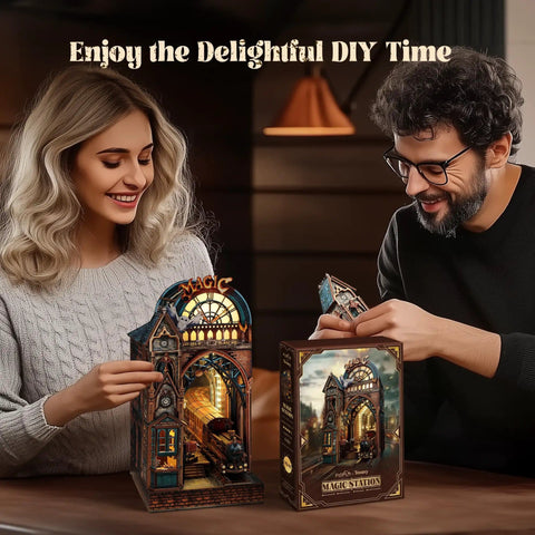Man and woman assembling Led 3D Puzzle Magic Station Book Nook Kit With Interactive Wooden Miniatures And Infinite Extension Space
