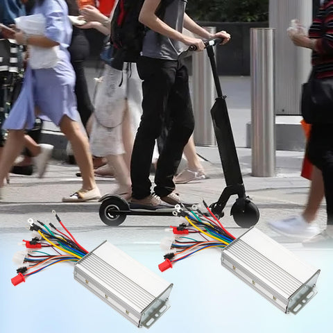 Person riding e-scooter with Beefed Up Dual Mode 12 Tube Brushless Motor Speed Controller for 48V 60V 64V 72V Systems displayed