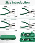 7 Inch Snap Ring Pliers Set For Internal And External Circlips, 4Pcs with case showing straight and bent jaws dimensions