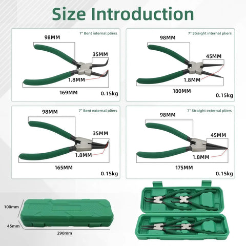 7 Inch Snap Ring Pliers Set For Internal And External Circlips, 4Pcs with case showing straight and bent jaws dimensions