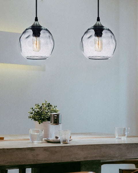 Two Pack Pendant Lights Art Glass Snowflake Design For Kitchen Island And Bedroom Nook, Clear Seeded Bubble Glass, Brushed Nickel Finish, 7 Inch Diameter, Modern Chic Lighting For Kitchen, Hallway And Bath over dining table