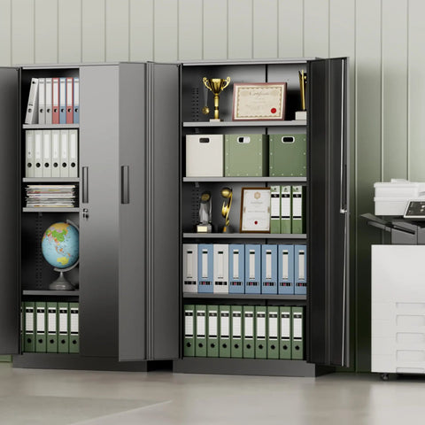 Six Foot Tall Lockable Steel Storage Cabinet With Adjustable Shelves, Heavy Duty Metal Locker For Office Home Garage Gym School, 72 Inch High, Black Matte with documents and trophies inside