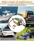12V Inline Fuel Pump Low Pressure Transfer For Motorcycle Carburetor Lawn Mower Gas Or Diesel Engine Universal shown with applications on vehicles and equipment