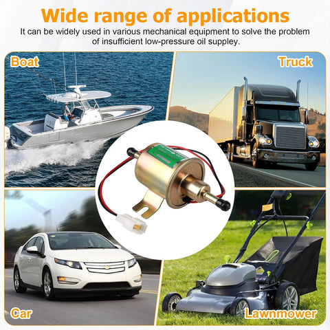 12V Inline Fuel Pump Low Pressure Transfer For Motorcycle Carburetor Lawn Mower Gas Or Diesel Engine Universal shown with applications on vehicles and equipment