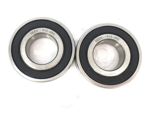 Two R12 2RS ball bearings 3/4 x 1-5/8 x 7/16 inches with double rubber seals, chrome steel, suitable for high-speed applications.